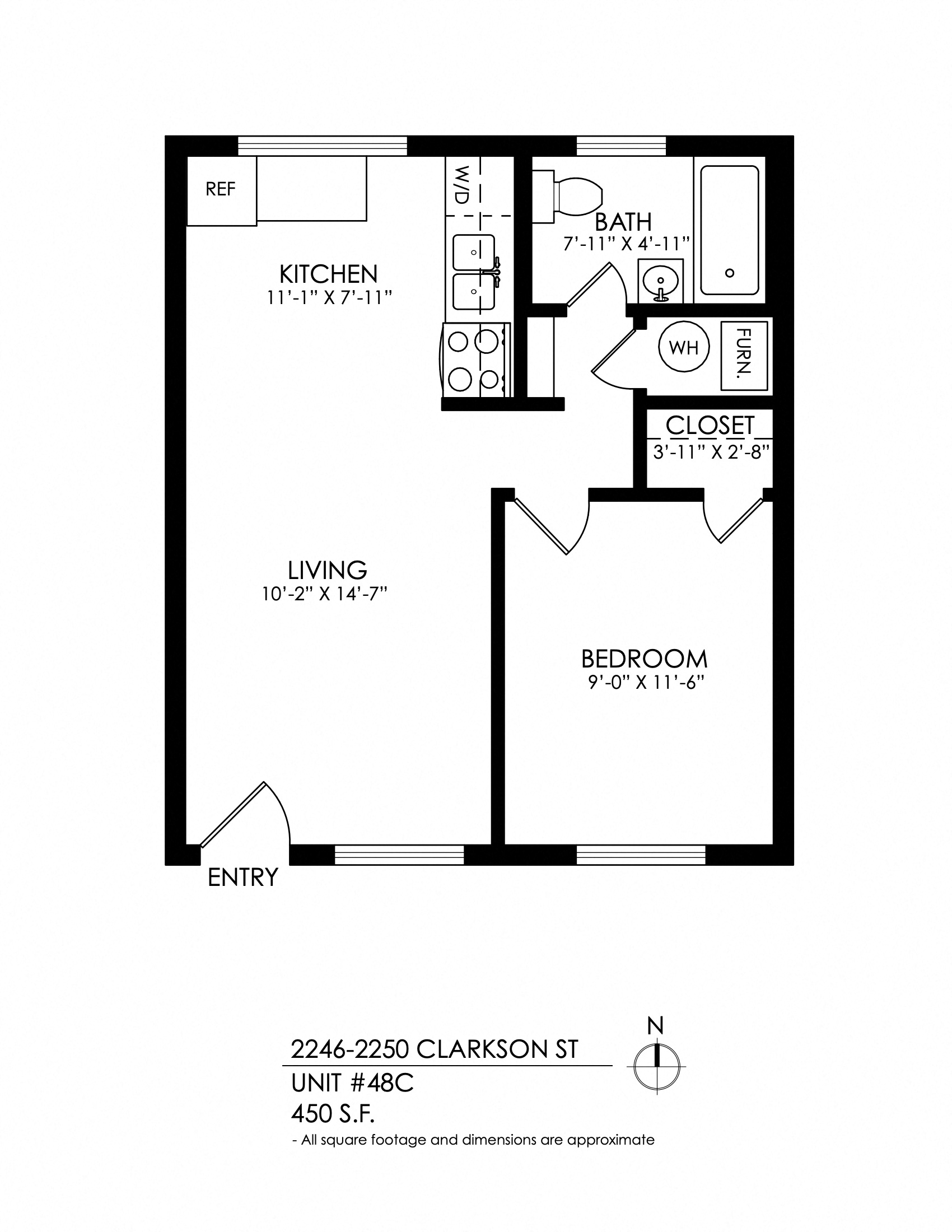 Floor plan for 1 bed, 1 bath, 455 sqft